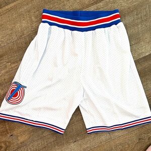Men's White Athletic Shorts with Blue and Red Accents